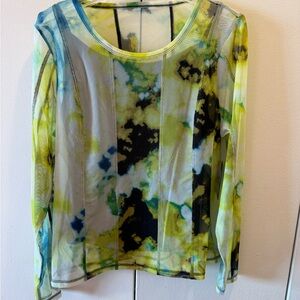 DKNY Women Size L Tie-dye Sheer Blouse Neon Green